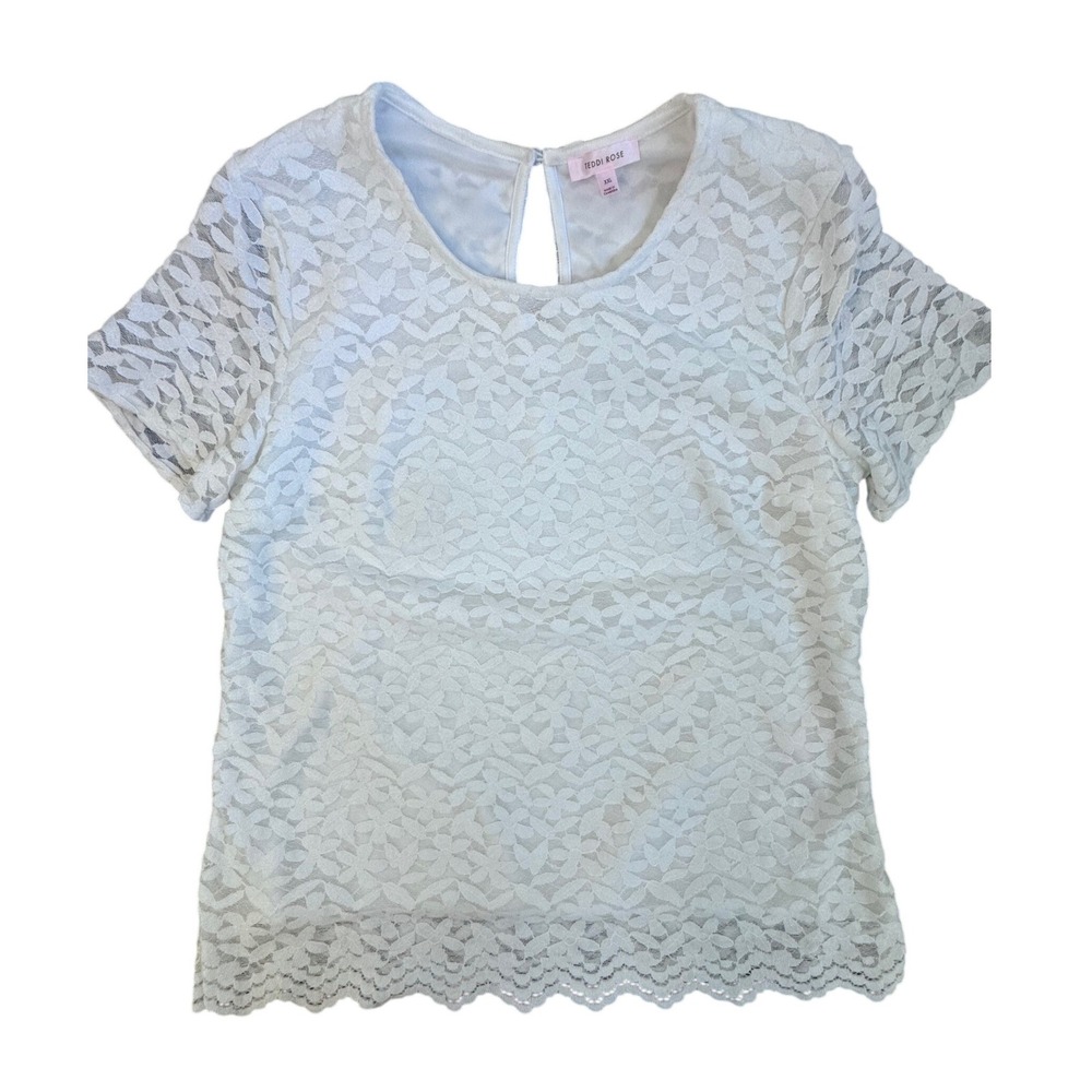 Teddi‎ Rose White Floral Lace Short Sleeve Blouse Keyhole Back XXL